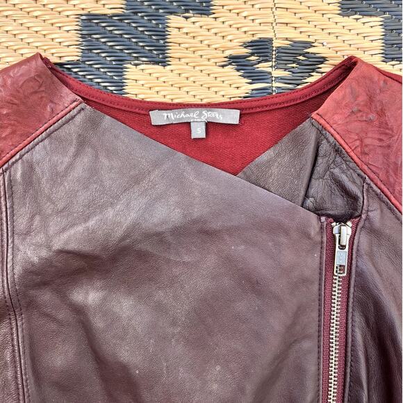 Michael Stars | Vintage Y2K Leather Mixed Media Asymmetric Zip Jacket Burgundy S - Picture 2 of 7